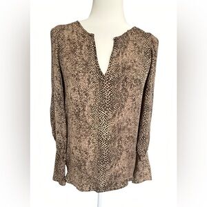 Chelsea Flower 100% Silk Animal Print Blouse XS Brown Black Top Zipper Cuff Boho